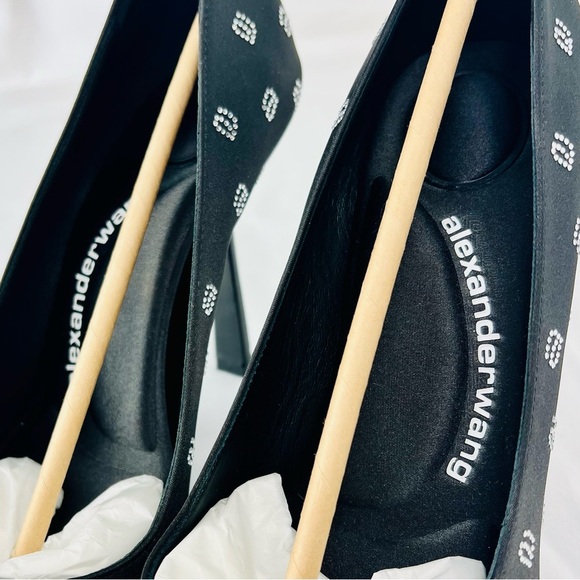 Alexander Wang Delphine Black Satin Crystal Logo Stiletto Pumps Heels 4” 39.5 - Picture 8 of 16